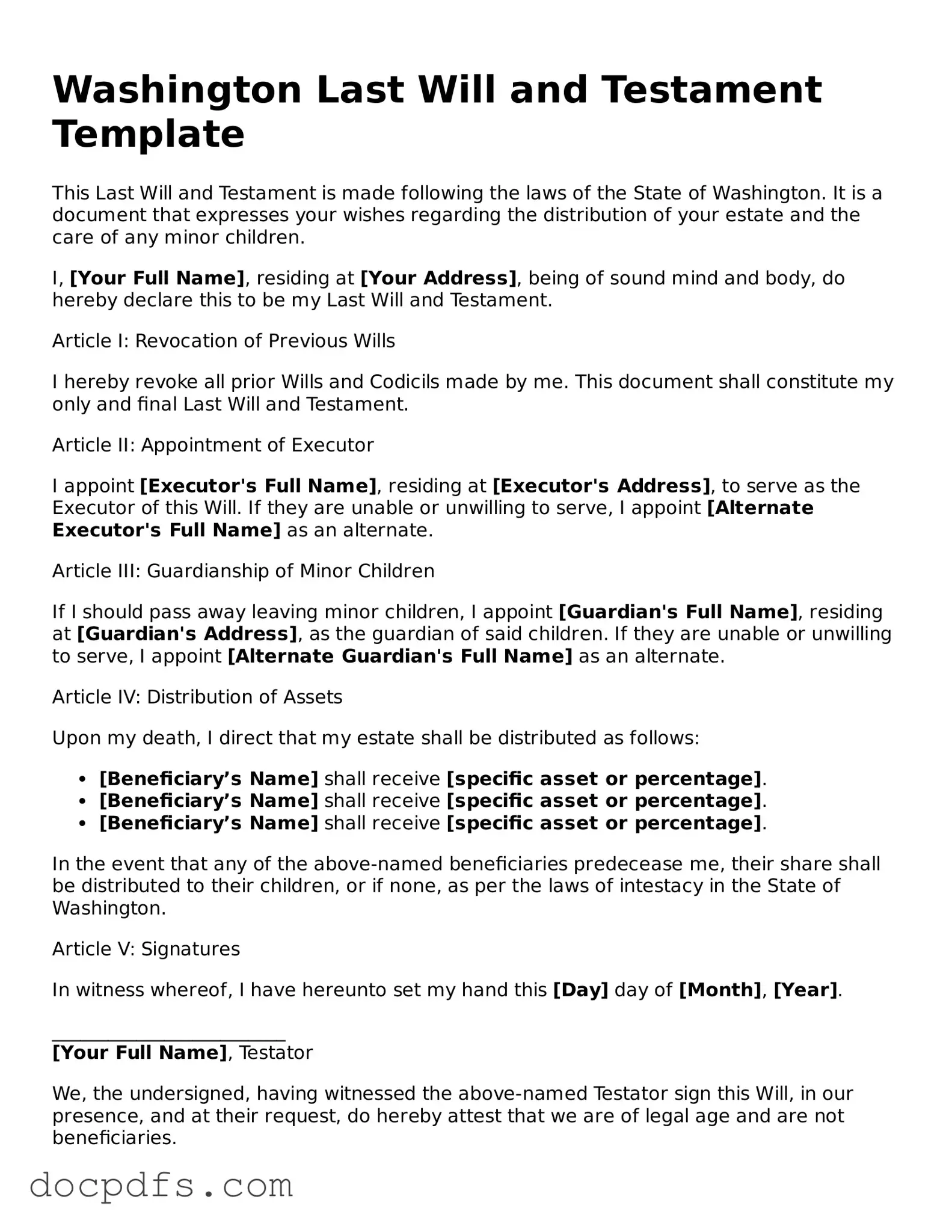 Free Washington Last Will and Testament Form