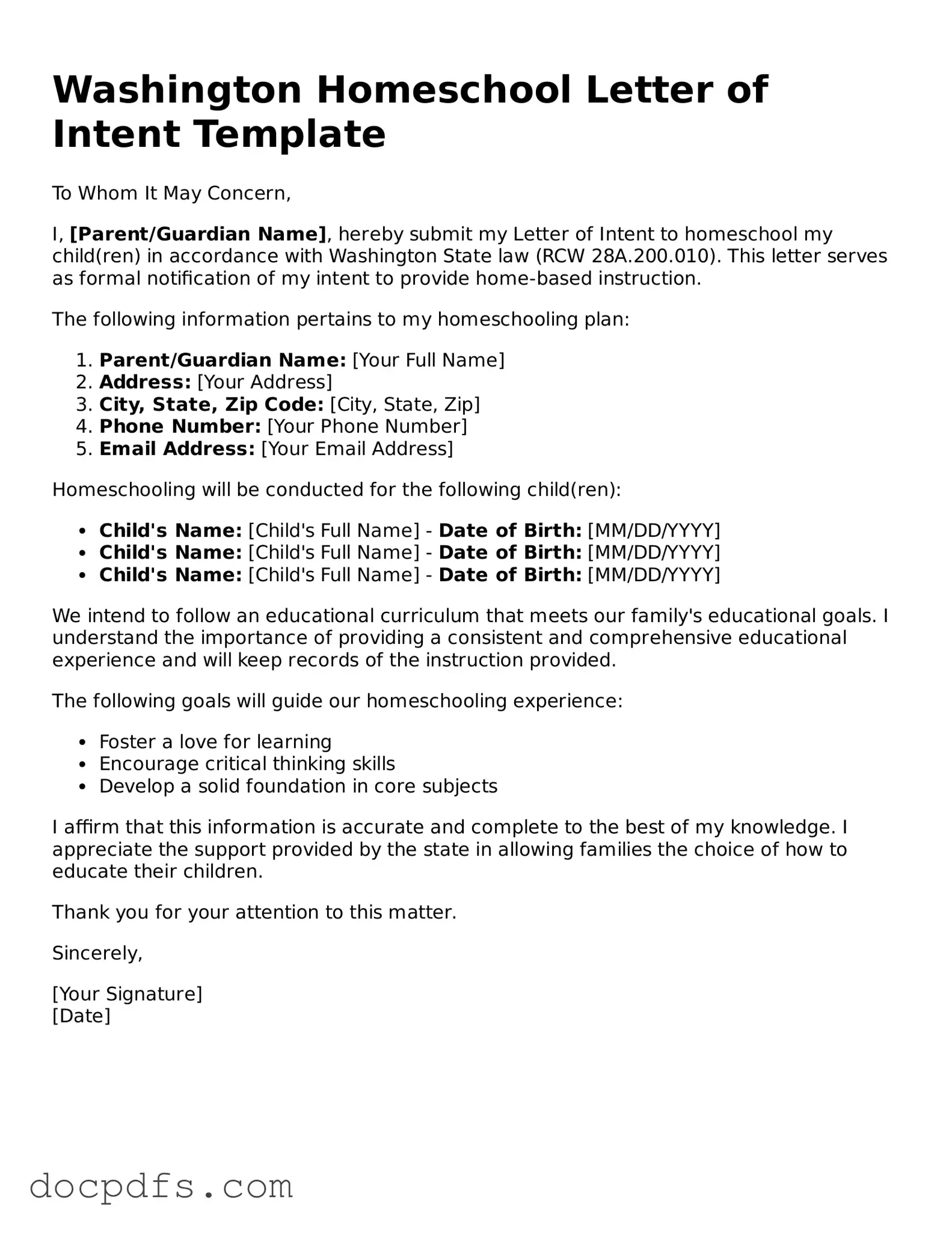 Free Washington Homeschool Letter of Intent Form