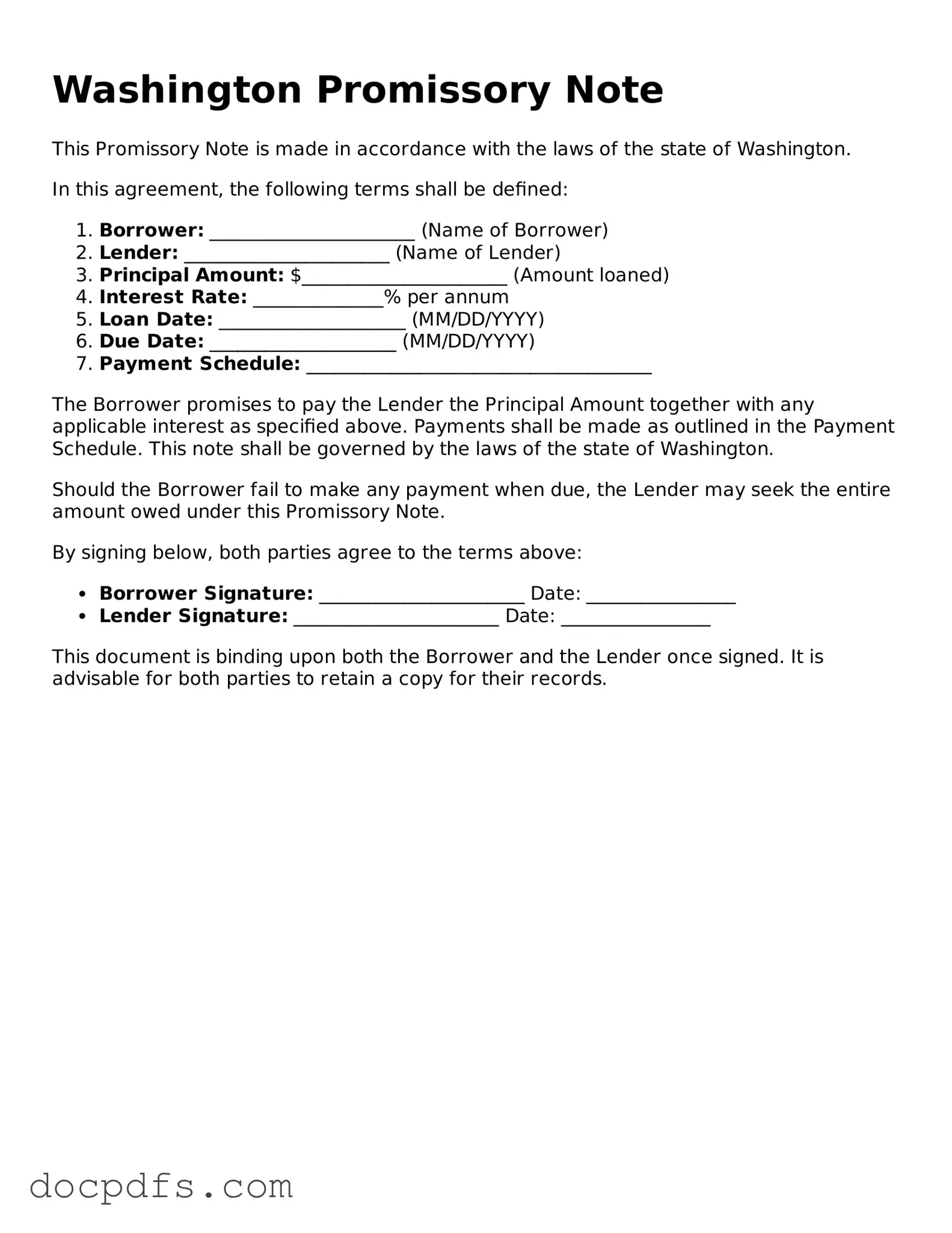 Free Washington Promissory Note Form