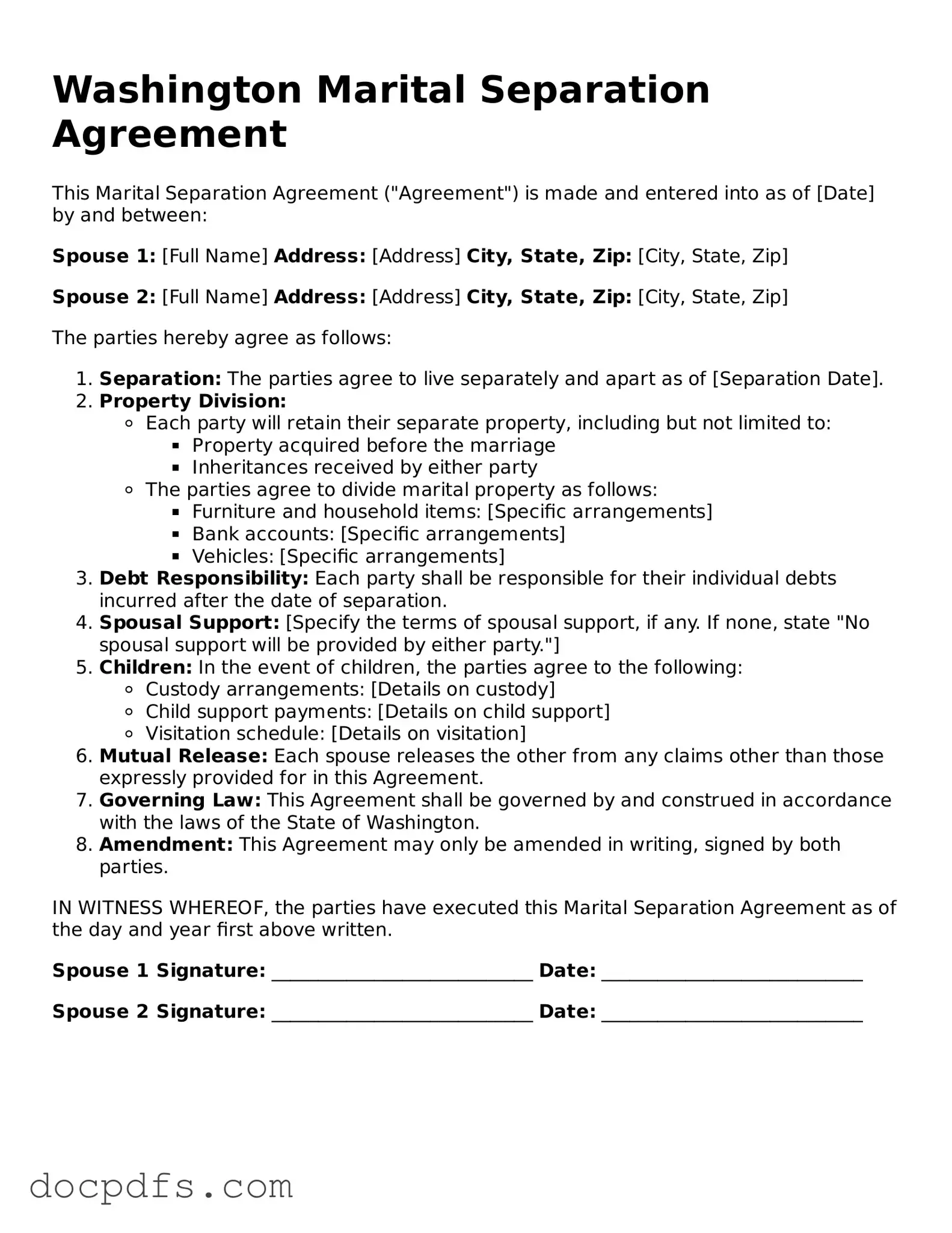 Free Washington Marital Separation Agreement Form