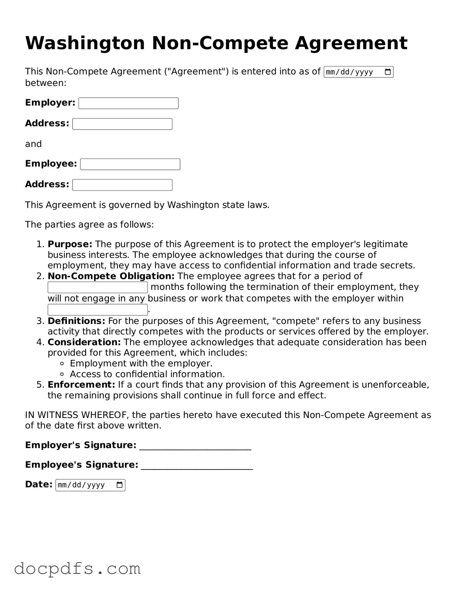 Free Washington Non-compete Agreement Form