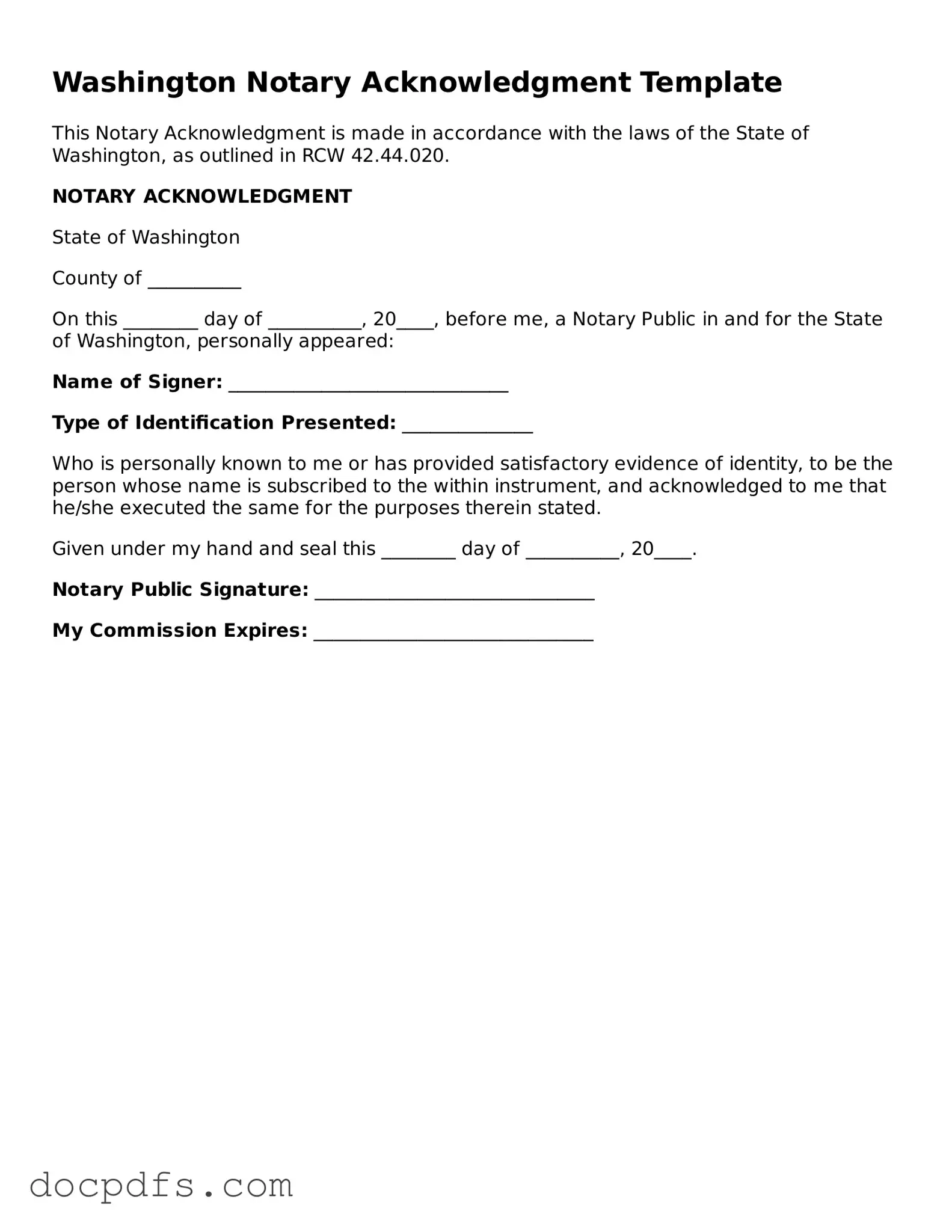 Free Washington Notary Acknowledgement Form