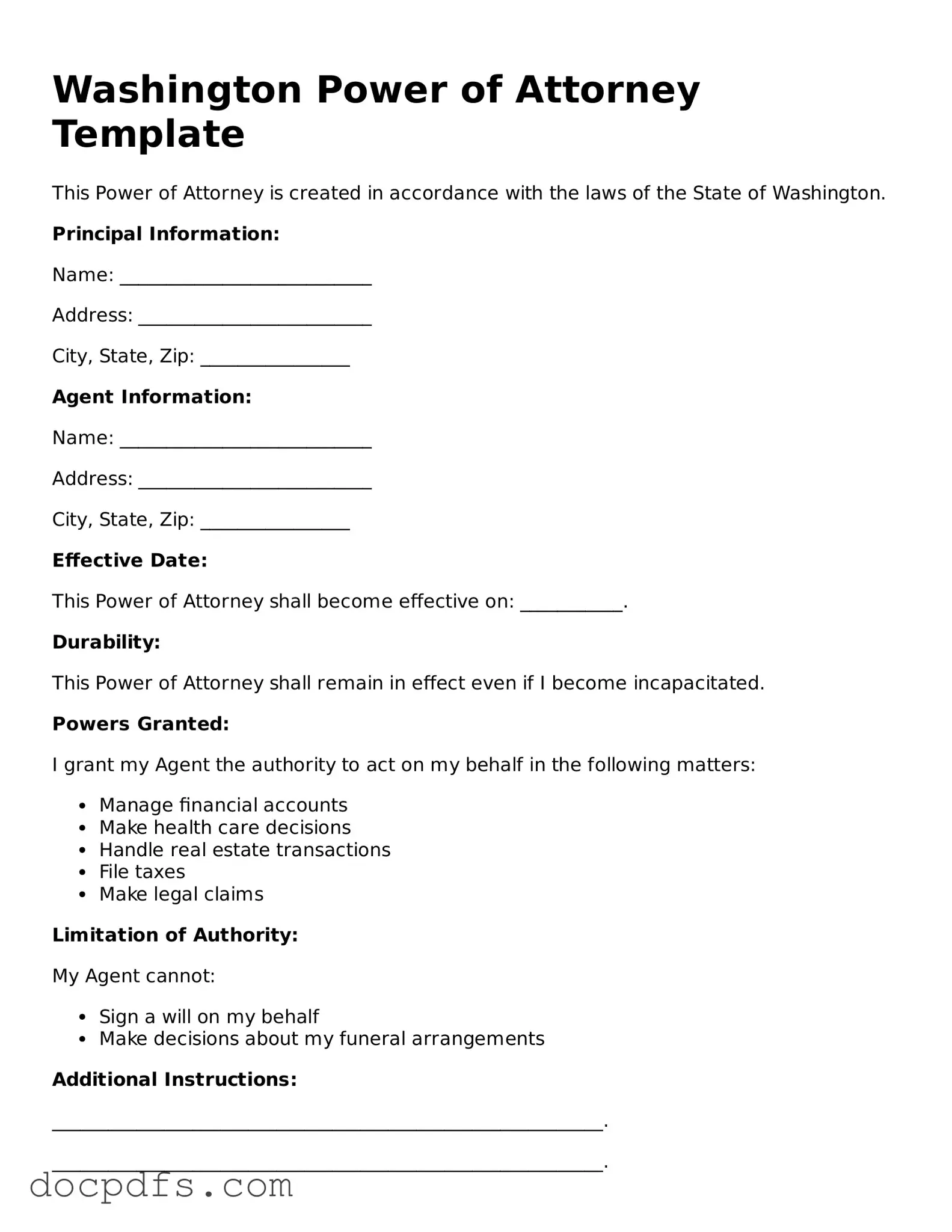 Free Washington Power of Attorney Form