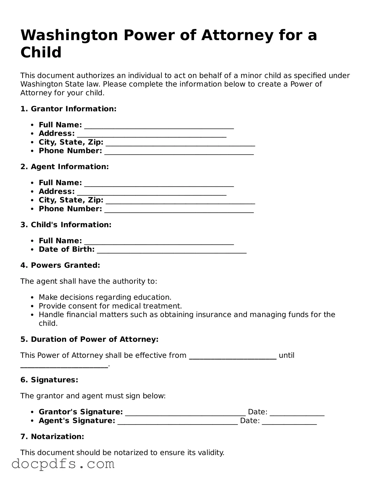 Free Washington Power of Attorney for a Child Form