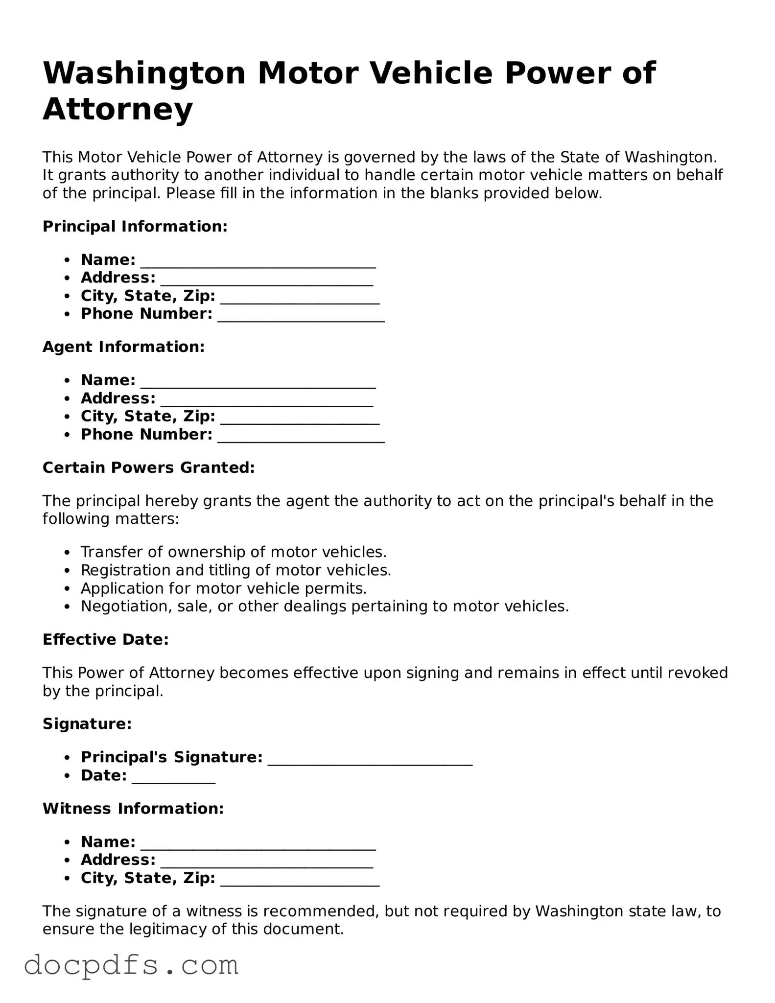 Free Washington Motor Vehicle Power of Attorney Form
