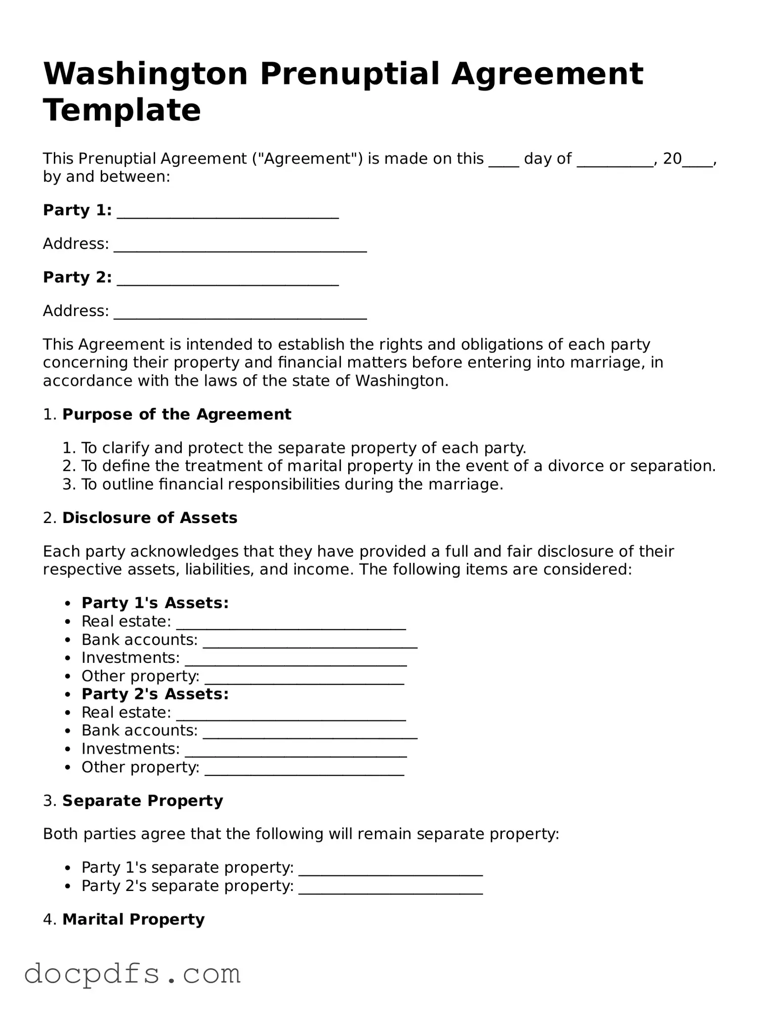 Free Washington Prenuptial Agreement Form