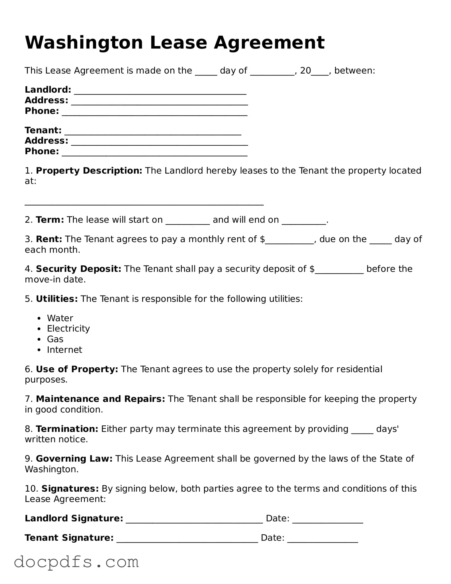 Free Washington Lease Agreement Form