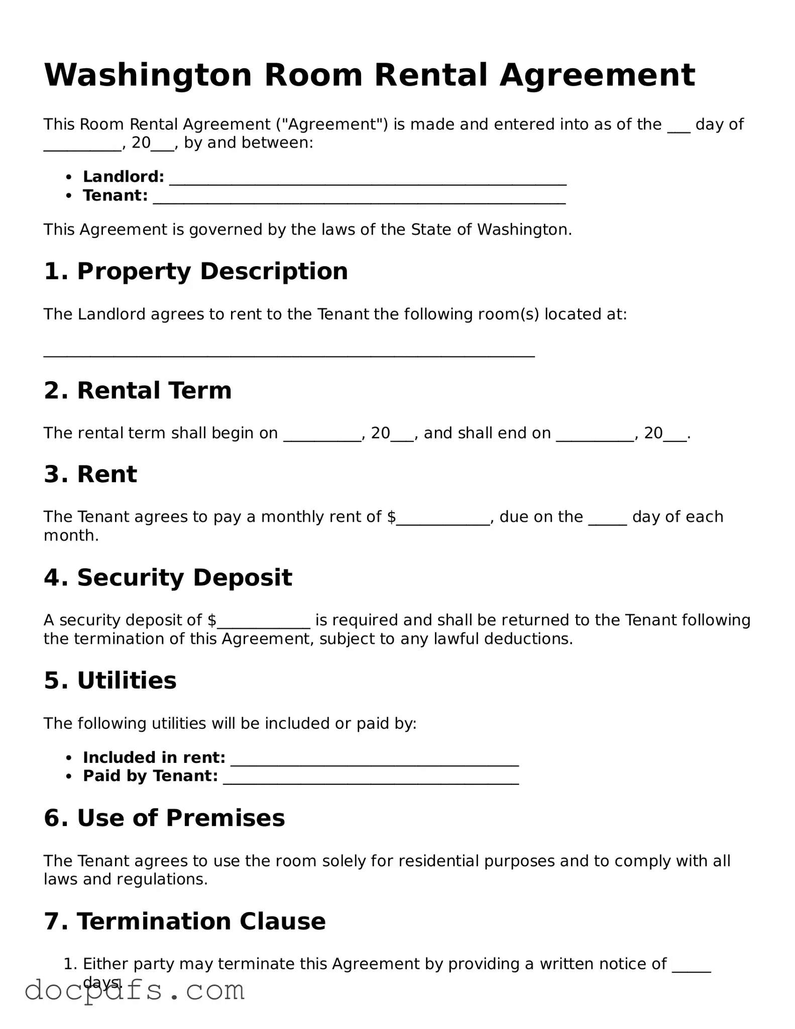 Free Washington Room Rental Agreement Form