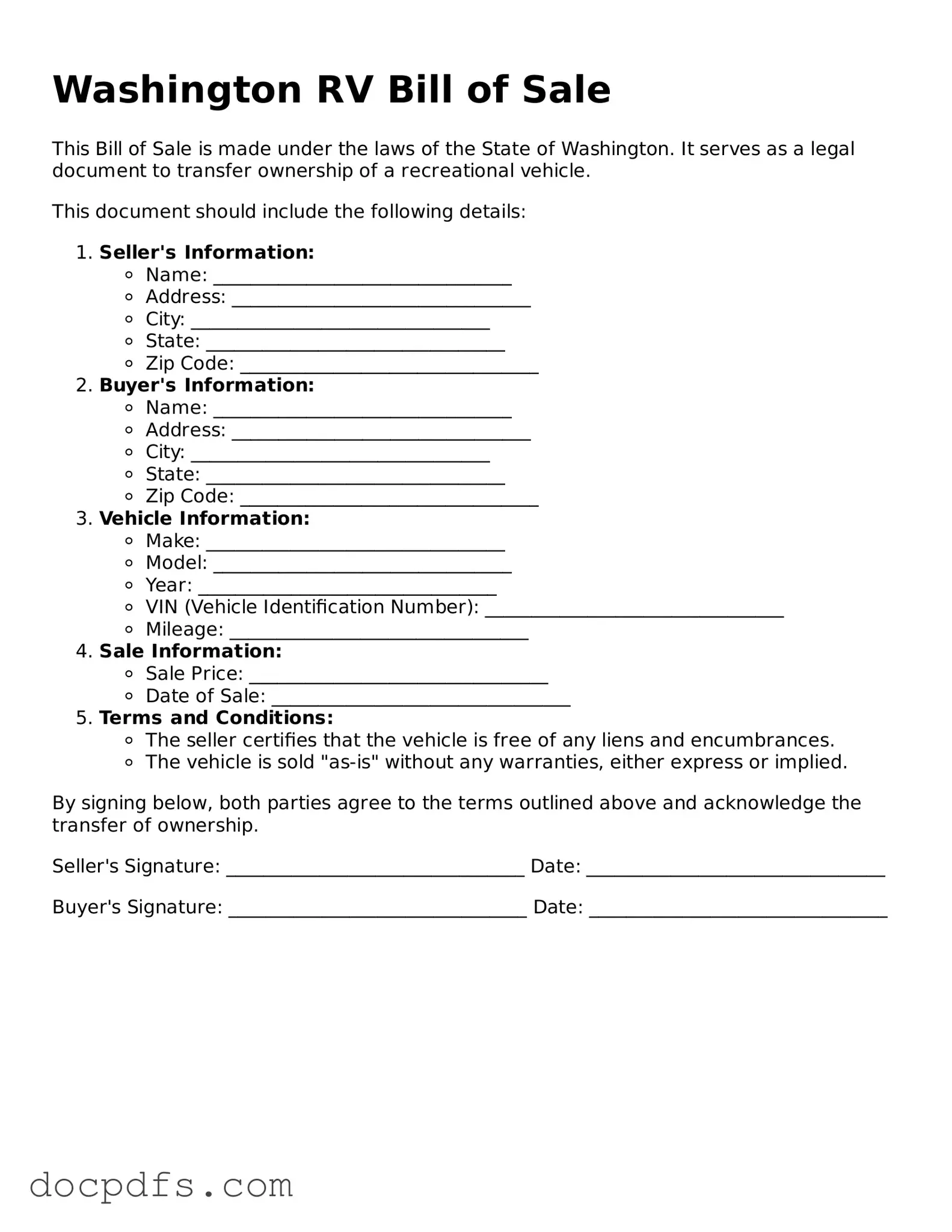 Free Washington RV Bill of Sale Form
