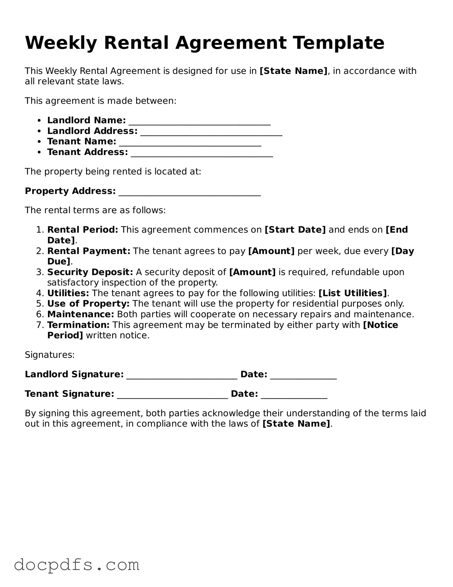 Legal Weekly Rental Agreement Document
